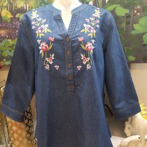 Collections Etc. Long Sleeves Denim Embroidered L